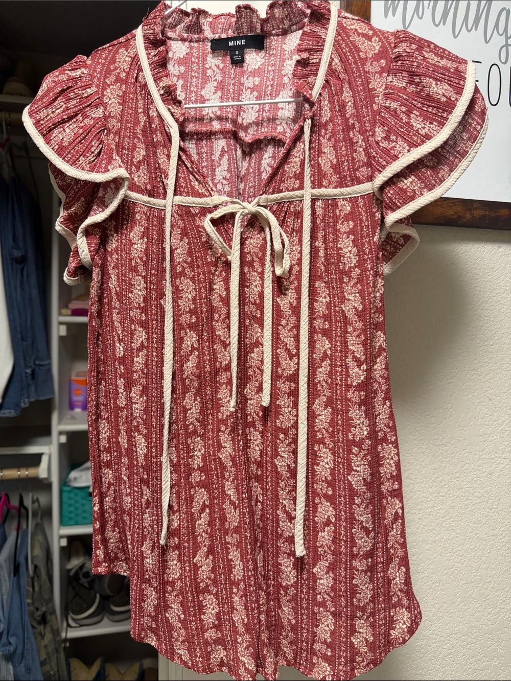 MINE Red Floral Stripe Ruffle Tie-Front Blouse